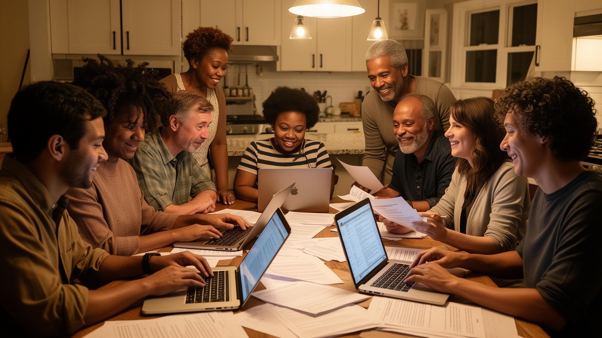 Neighbors gathered around laptops and paperwork, planning a project together